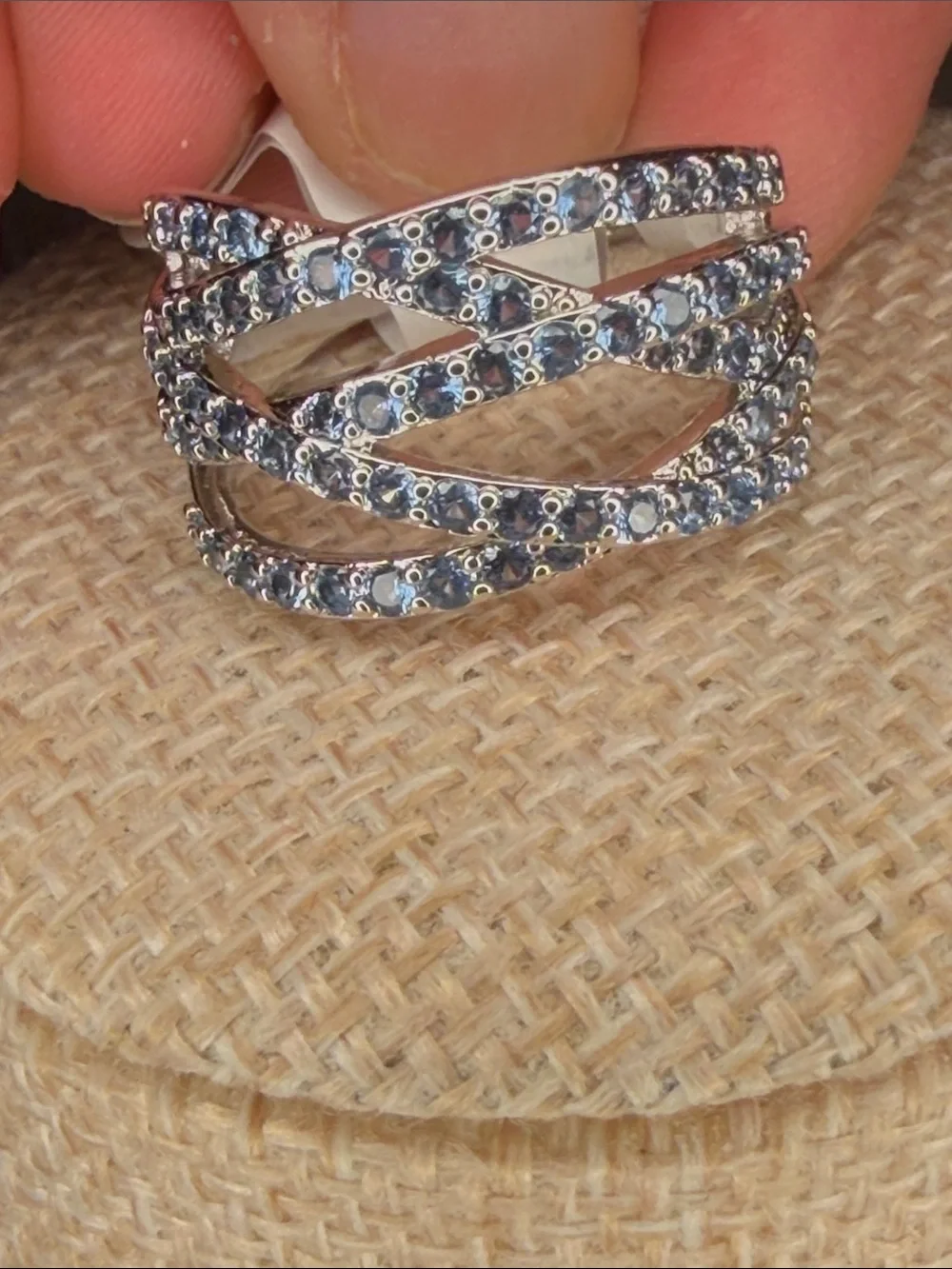 Bomb Party Silver tone Crisscross Blue Stone Women's Ring sz 8
